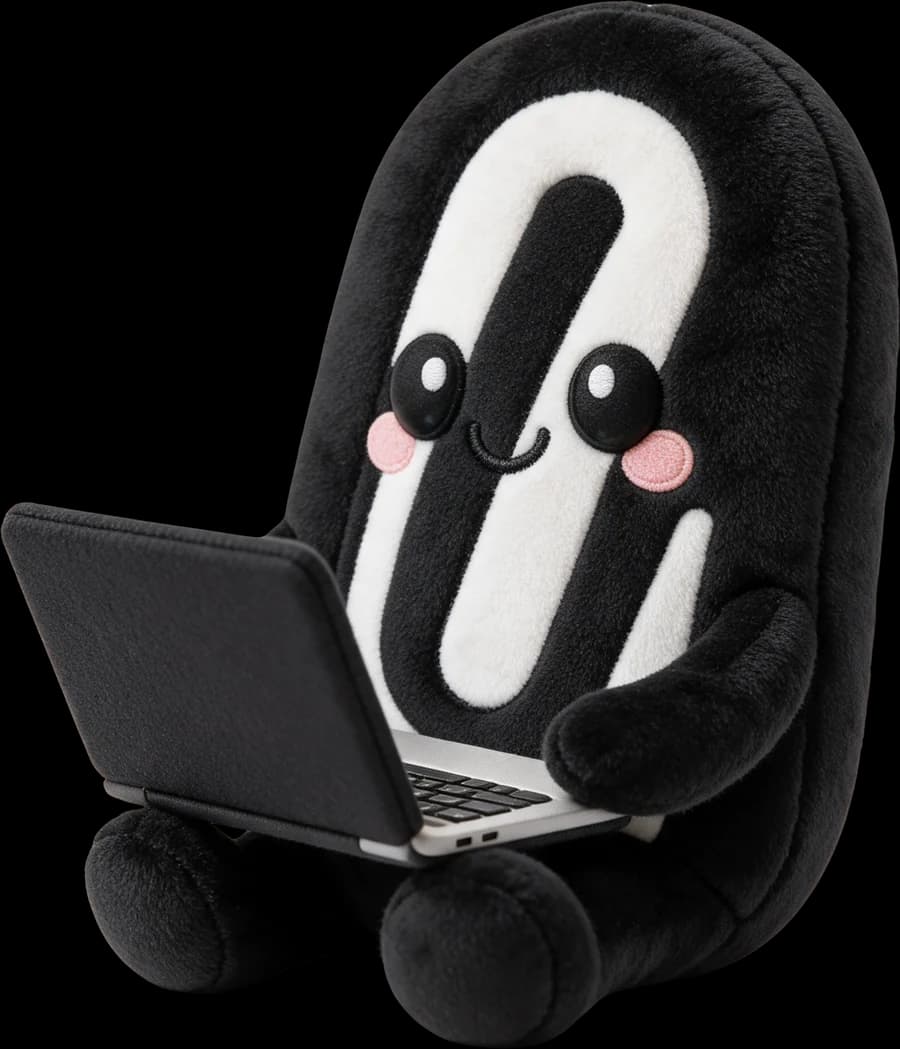 Paperclip mascot writing a blog post on a laptop